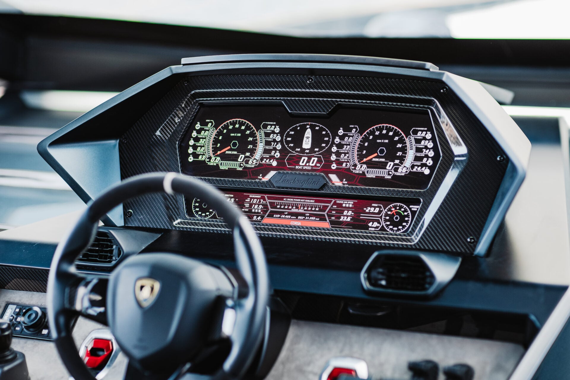 Lamborghini Yacht helm interior with carbon fiber and digital controls