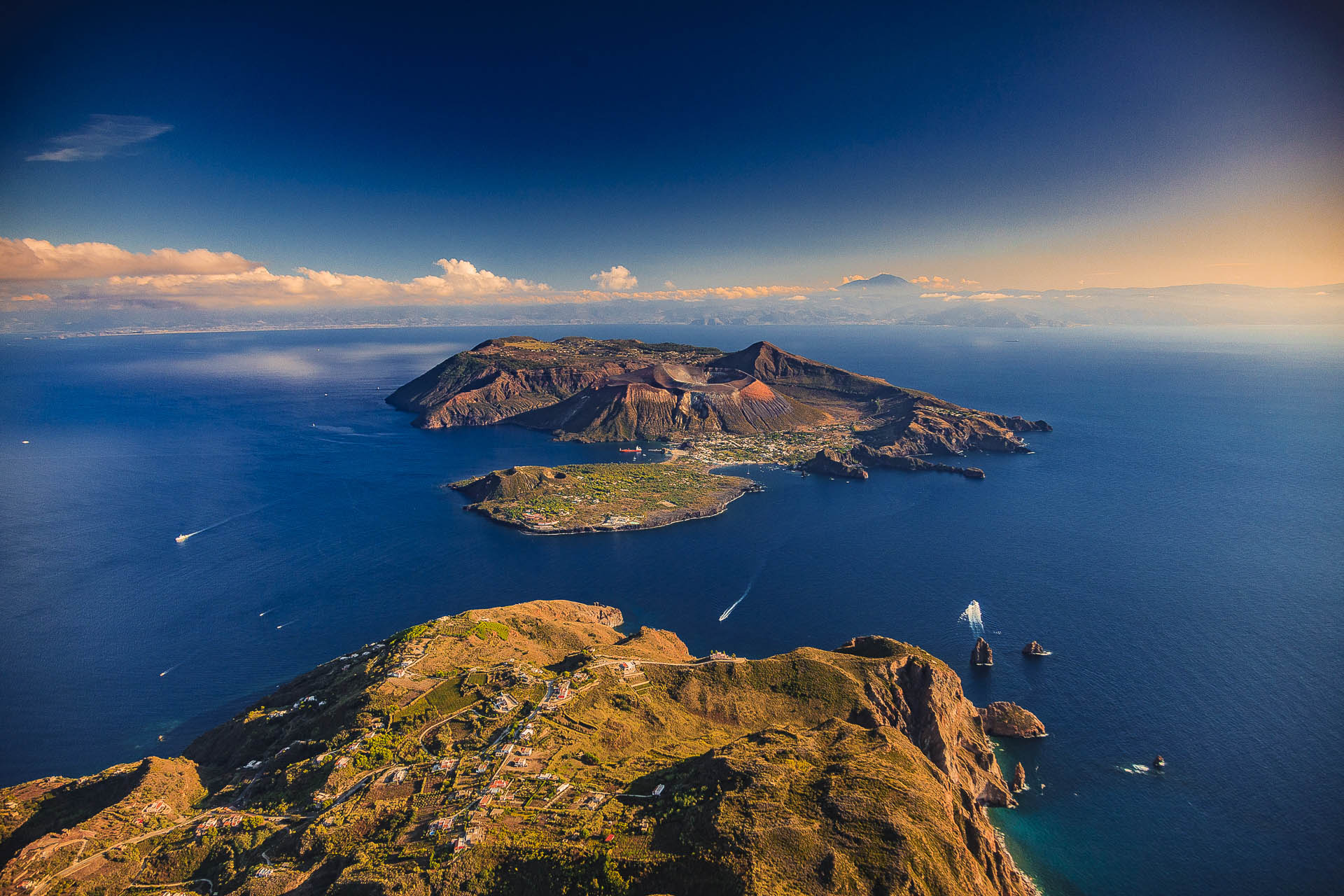 Aerial View of Vulcano and Lipari Islands with Mount Etna in Background – Aeolian Islands Yacht Charter